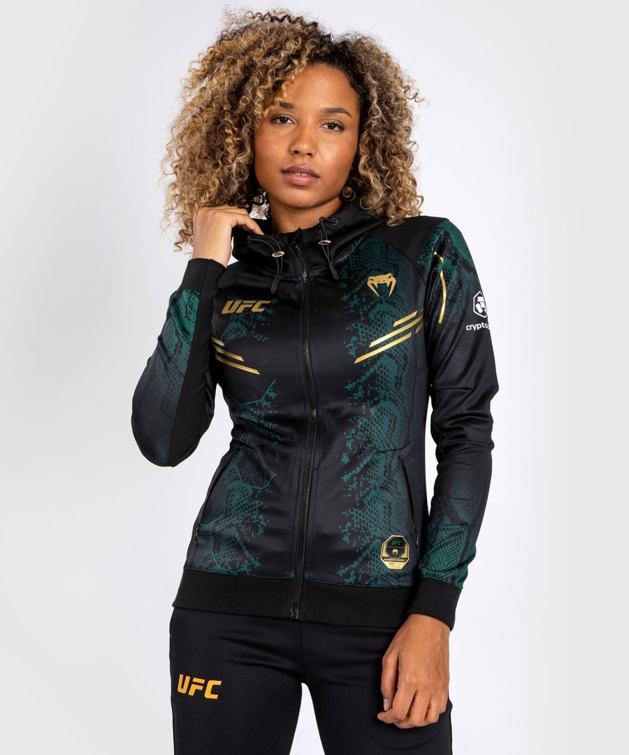 ufc adrenaline by venum authentic fight night women walkout hoodie - emerald edition - greenblackgold