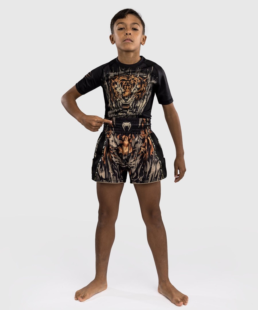 venum tiger kids muay thai shorts - blackneon orange